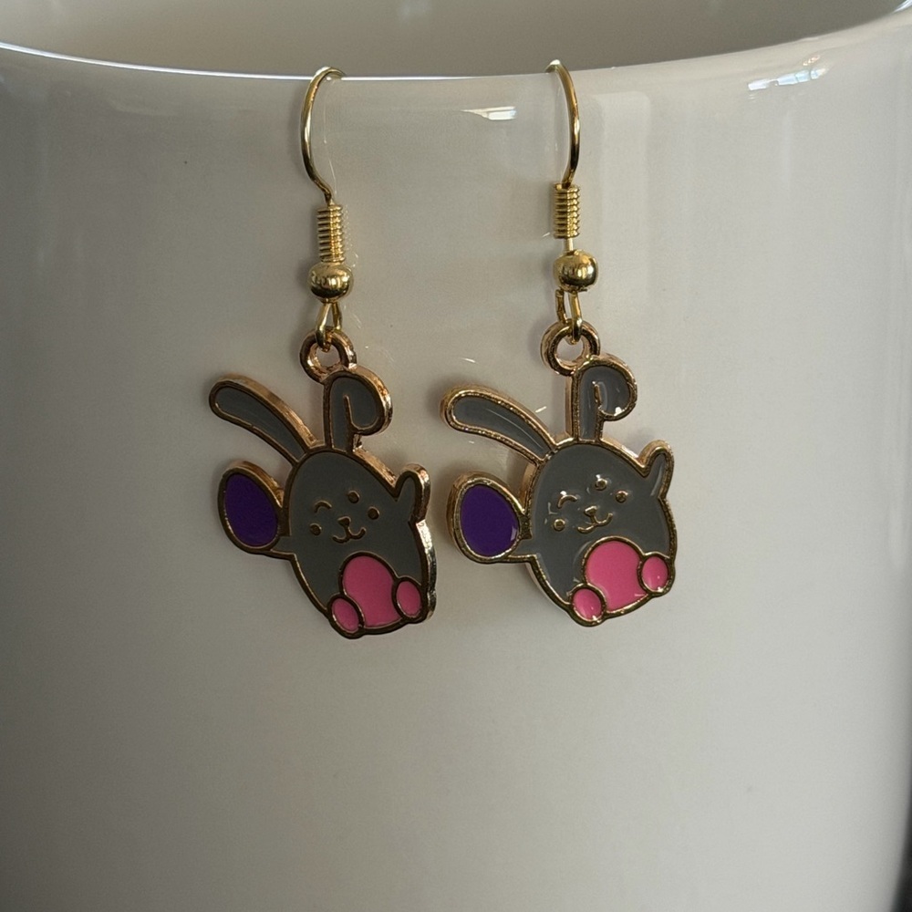 Cute Gray Bunny Earrings with Pink & Purple Accents